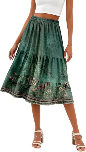 midi Tiered Skirts for Women Summer Boho Floral Long Ruffle Flowy high Elastic Waist a line Skirts Vacation Skort