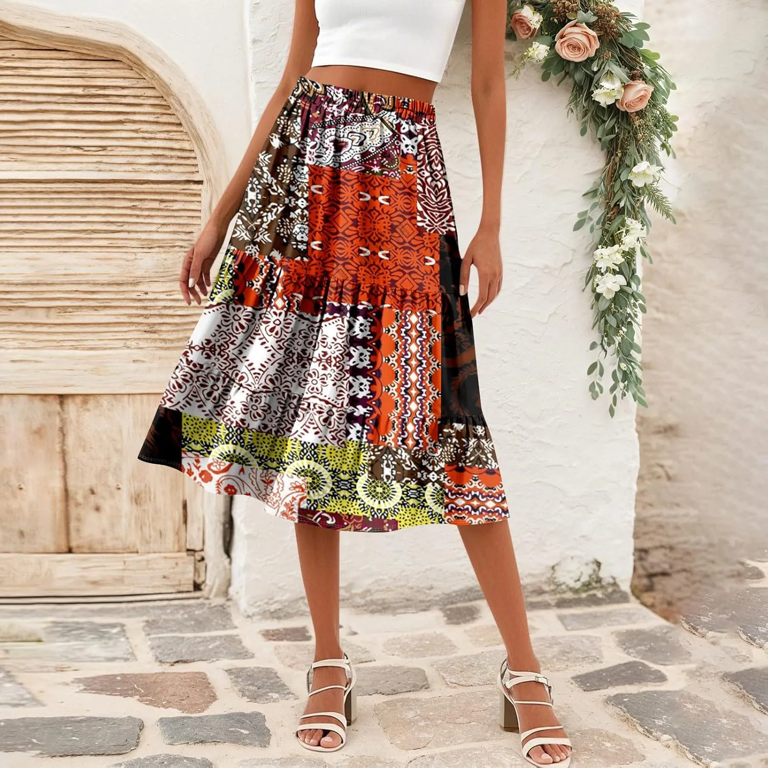 midi Tiered Skirts for Women Summer Boho Floral Long Ruffle Flowy high Elastic Waist a line Skirts Vacation Skort