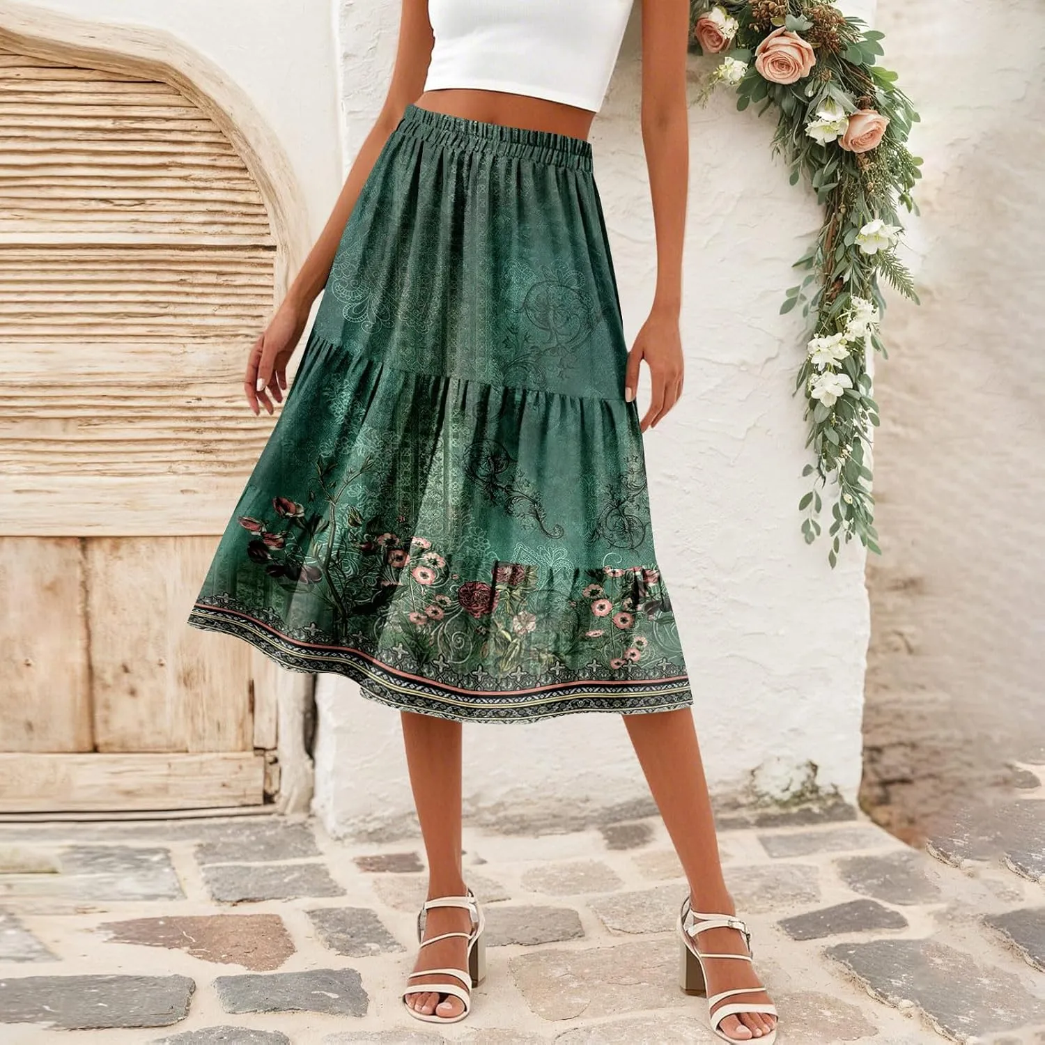 midi Tiered Skirts for Women Summer Boho Floral Long Ruffle Flowy high Elastic Waist a line Skirts Vacation Skort