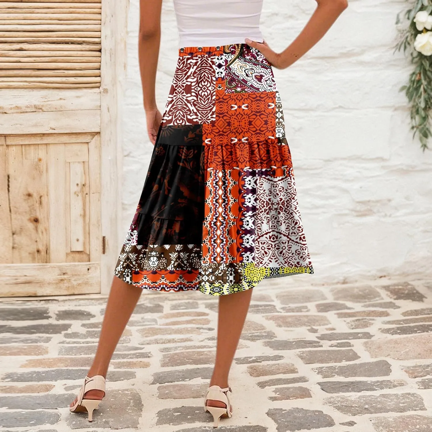 midi Tiered Skirts for Women Summer Boho Floral Long Ruffle Flowy high Elastic Waist a line Skirts Vacation Skort