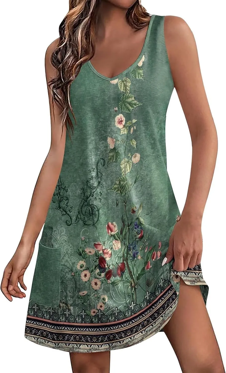 Mini Dresses for Women,2024 Summer Casual Loose V Neck Sleeveless Sundress,Trendy Print A Line Tank Beach Dress