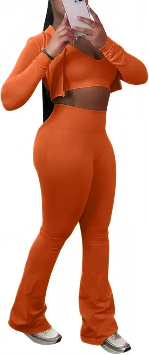 Mintsnow Women 3 Piece Sweatsuit Outfits Sets Long Sleeve Zipper Jacket Crop Tops and Long Flare Pants Set Workout Tracksuit