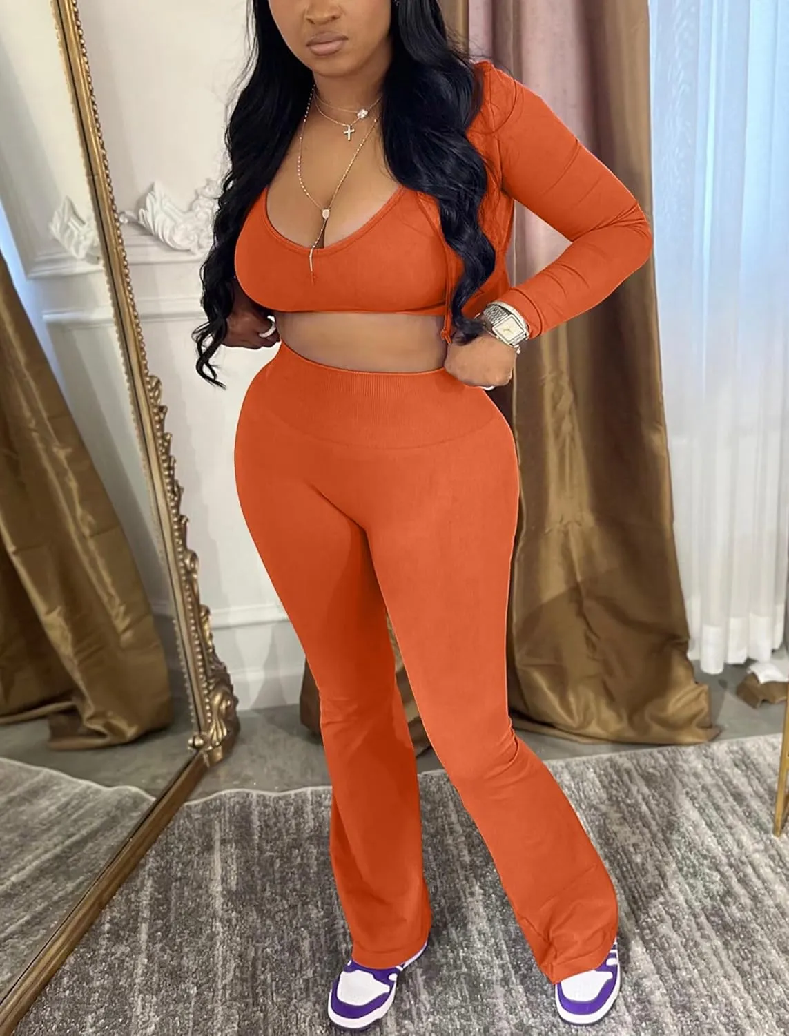 Mintsnow Women 3 Piece Sweatsuit Outfits Sets Long Sleeve Zipper Jacket Crop Tops and Long Flare Pants Set Workout Tracksuit