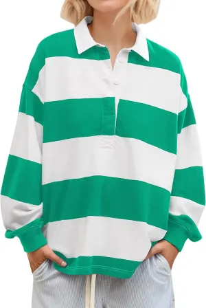 MISSACTIVER Women's Striped Oversized Polo Shirt Button Lapel Collared Polo Sweatshirt Long Sleeve Drop Shoulder Pullover Top