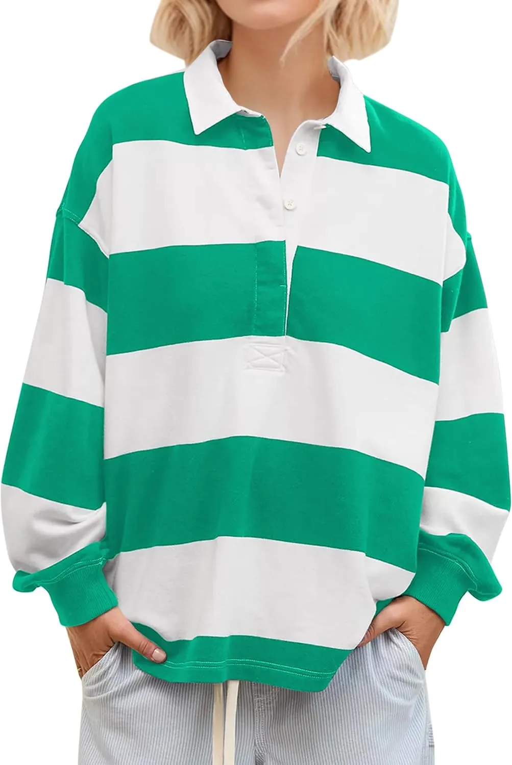 MISSACTIVER Women's Striped Oversized Polo Shirt Button Lapel Collared Polo Sweatshirt Long Sleeve Drop Shoulder Pullover Top