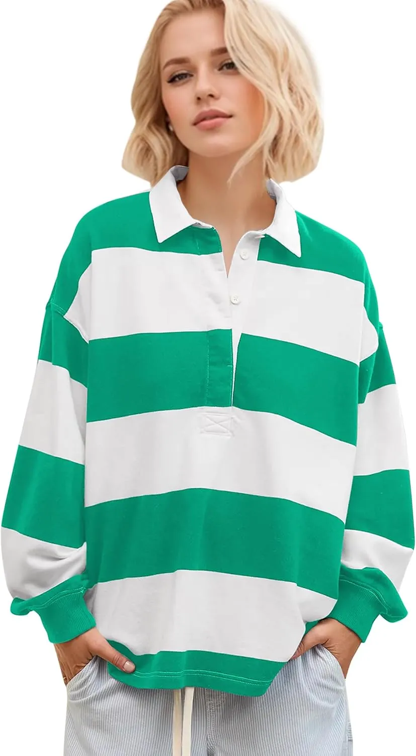 MISSACTIVER Women's Striped Oversized Polo Shirt Button Lapel Collared Polo Sweatshirt Long Sleeve Drop Shoulder Pullover Top