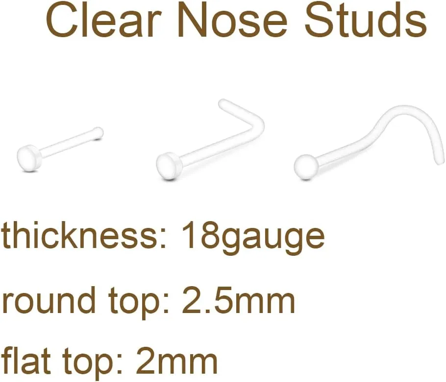 MODRSA Clear Nose Rings & Studs - Plastic Nose Piercing Retainers - 16g, 18g, 20g - Clear Cartilage Earrings & Lip Piercing Retainer