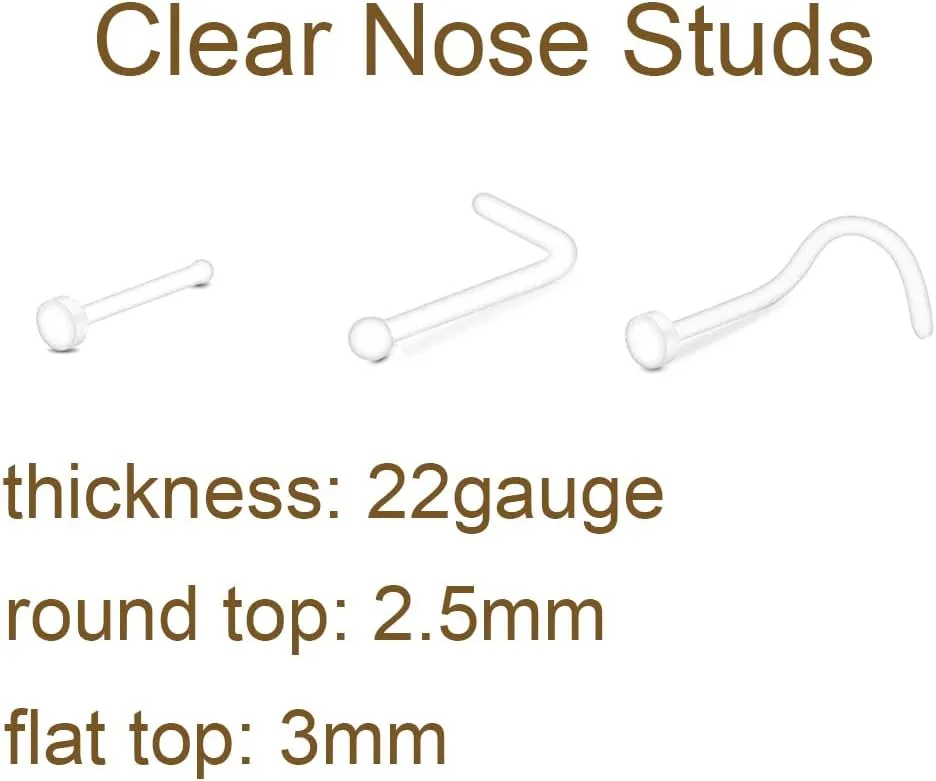 MODRSA Clear Nose Rings & Studs - Plastic Nose Piercing Retainers - 16g, 18g, 20g - Clear Cartilage Earrings & Lip Piercing Retainer
