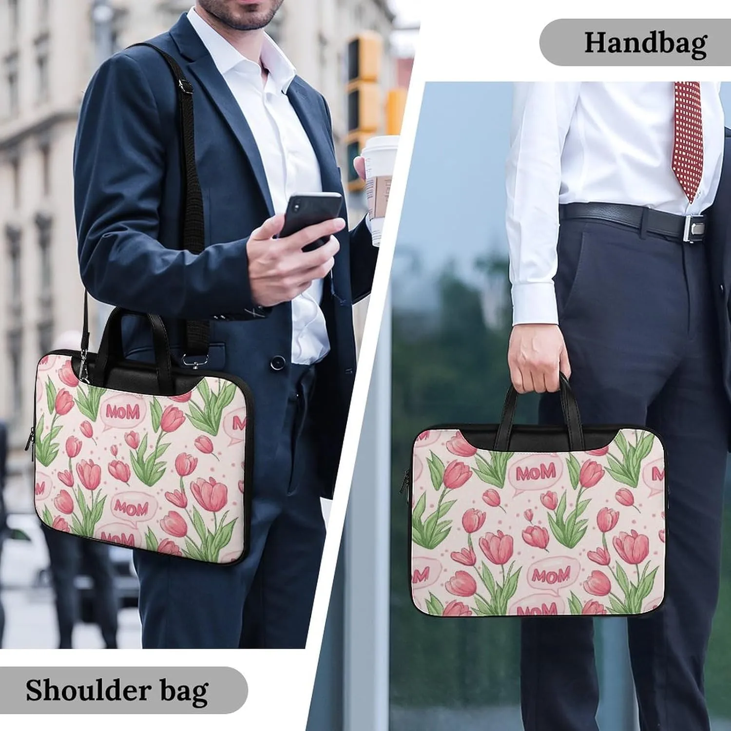 Mom Mother Mama Tulip Flower Leather Bag Laptop Case Slim Water Resistant Computer Bags with Handle Briefcase for Work