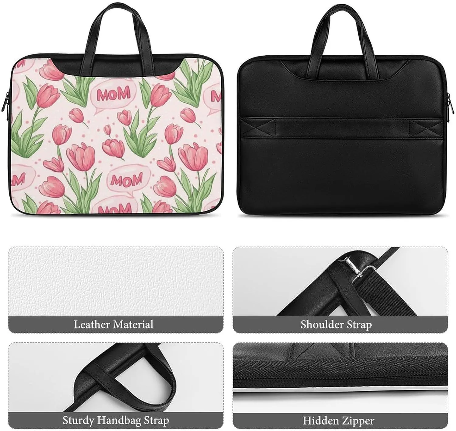 Mom Mother Mama Tulip Flower Leather Bag Laptop Case Slim Water Resistant Computer Bags with Handle Briefcase for Work