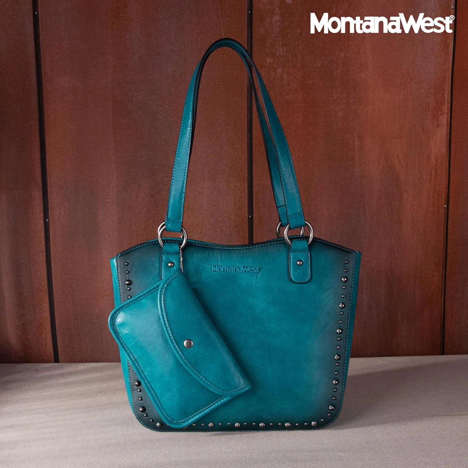 Montana West Western Tooling Tote Bag with Wallet Set for Women Vintage Studded Top Handle Shoulder Handbag