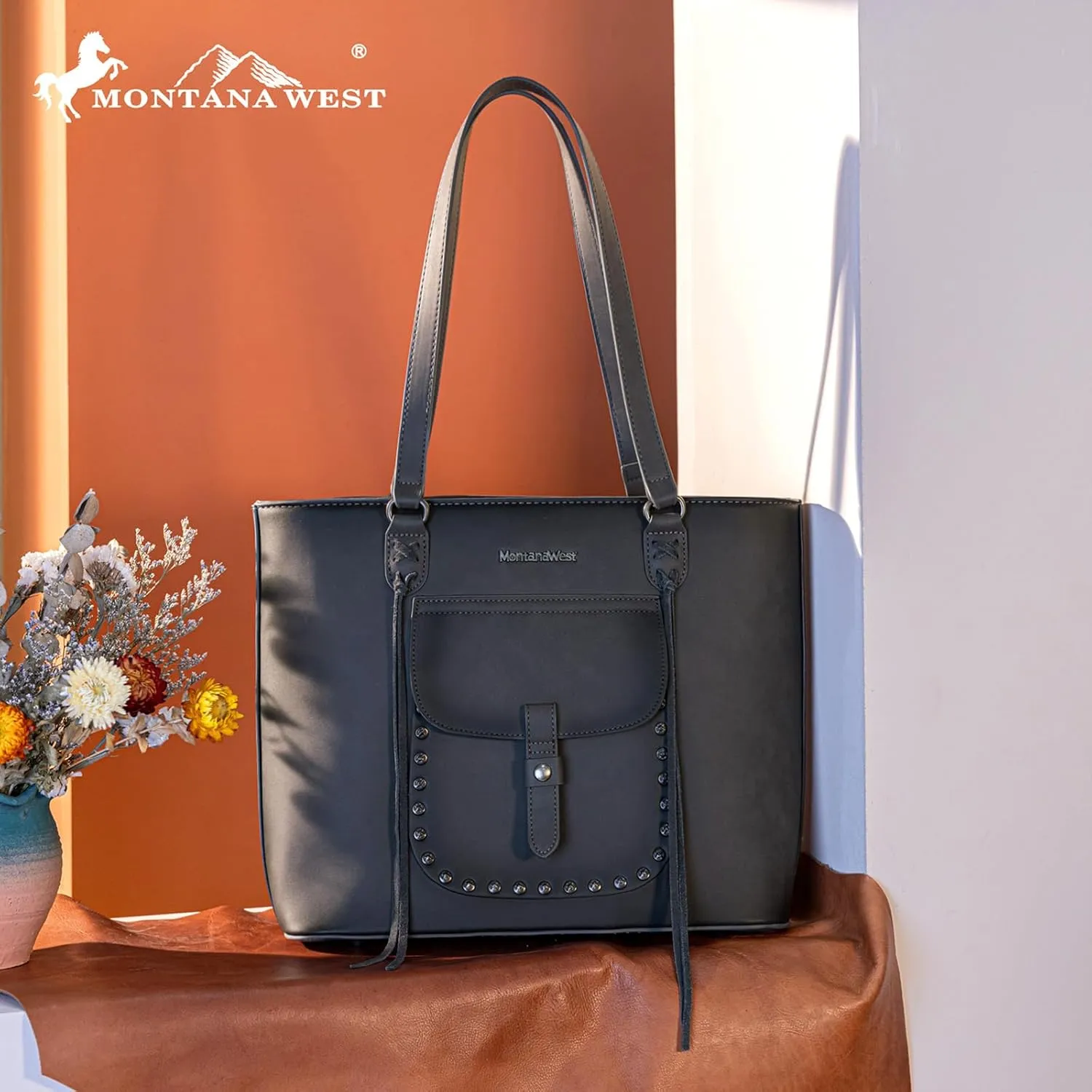 Montana West Western Two-Tone Large Tote Bag for Women Vintage Top Handle Ladies Shoulder Bags