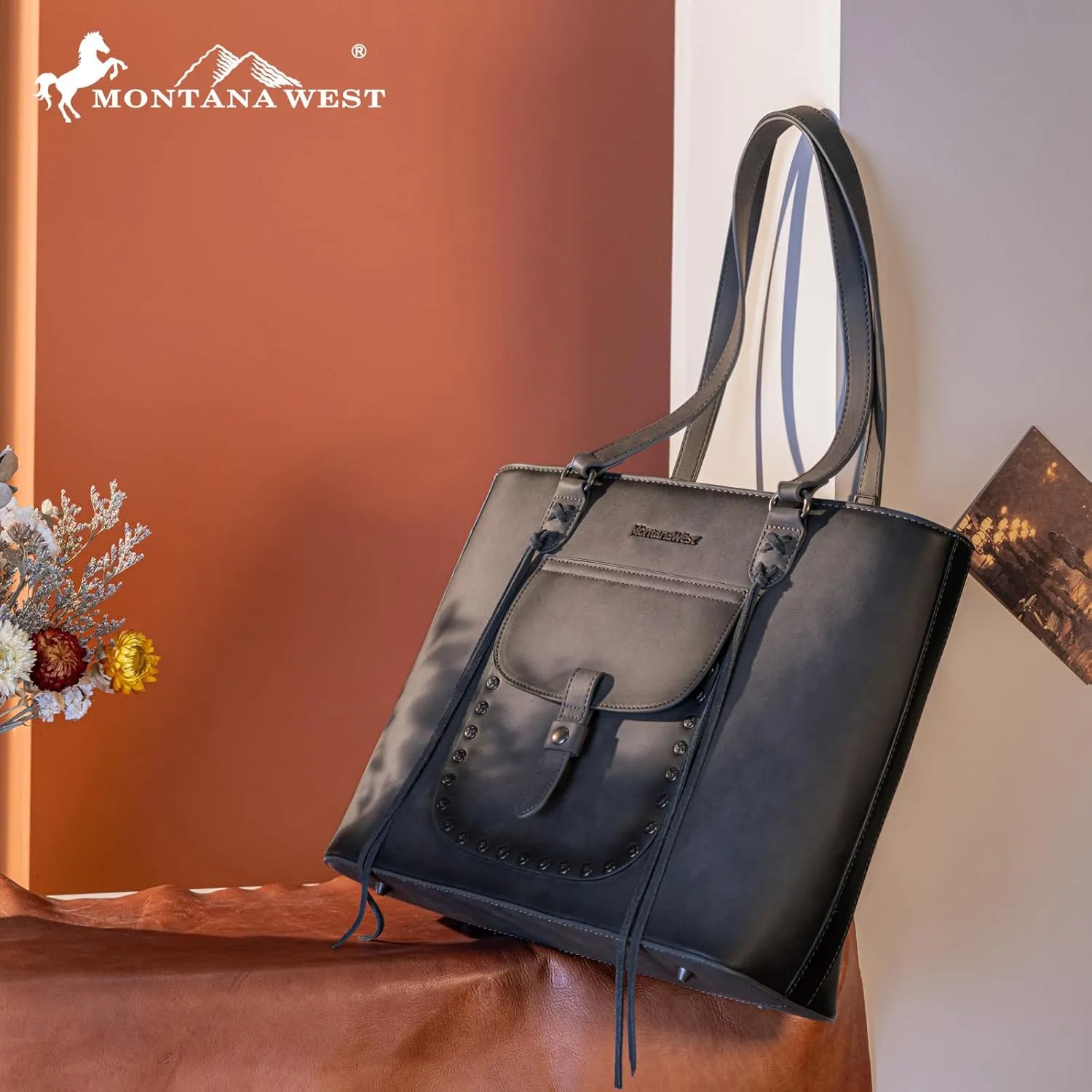 Montana West Western Two-Tone Large Tote Bag for Women Vintage Top Handle Ladies Shoulder Bags