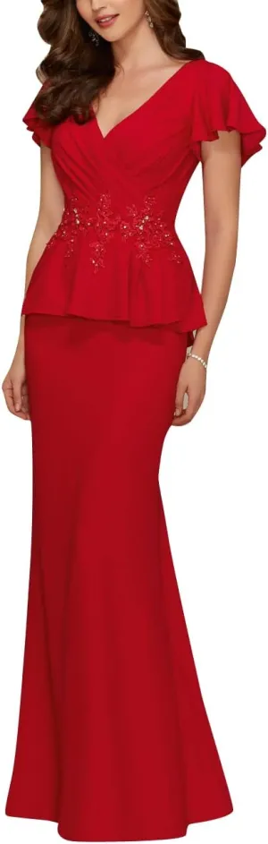 Mother of The Bride Dresses Chiffon Long Formal Evening Gowns Peplum Prom Party Dress Beads Applique Red US 28W