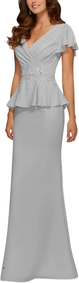 Mother of The Bride Dresses Chiffon Long Formal Evening Gowns Peplum Prom Party Dress Beads Applique Silver US 12