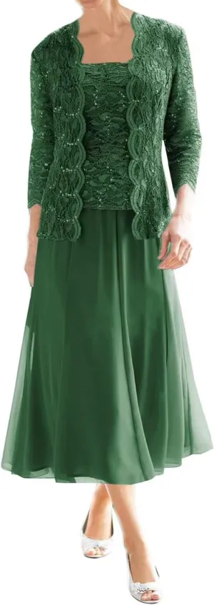 Mother of The Bride Dresses for Wedding Tea Length Lace Chiffon Formal Dress 2 Piece Grandmother Dresses with Jackets