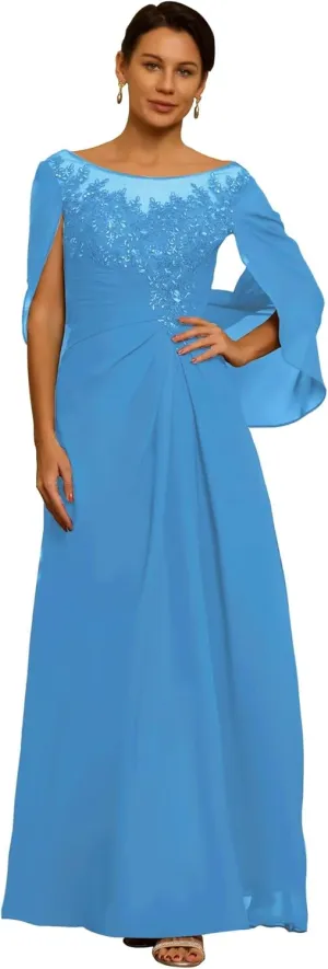 Mother of The Bride Dresses for Wedding with Cape Long Laces Appliques Chiffon Mother of The Groom Dress
