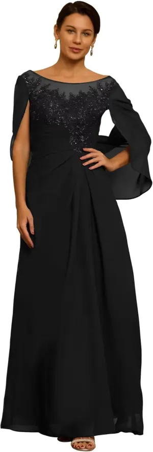 Mother of The Bride Dresses for Wedding with Cape Long Laces Appliques Chiffon Mother of The Groom Dress