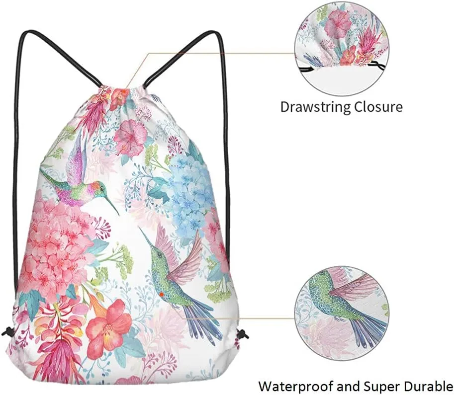 Multicolor Floral Tropical Drawstring Backpack, 14x16.9 Inch, Unisex Adult Multipurpose Gym Sports Travel Work School Bag