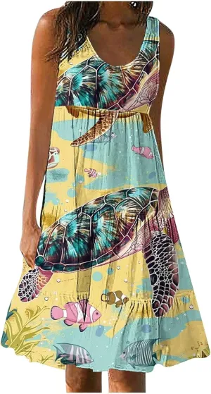 Mzkdieey Women Sea Turtle Print Beach Dresses Summer Casual Tiered Ruffle Hem Mini Dress Sleeveless Baggy Flowy Tank Dress