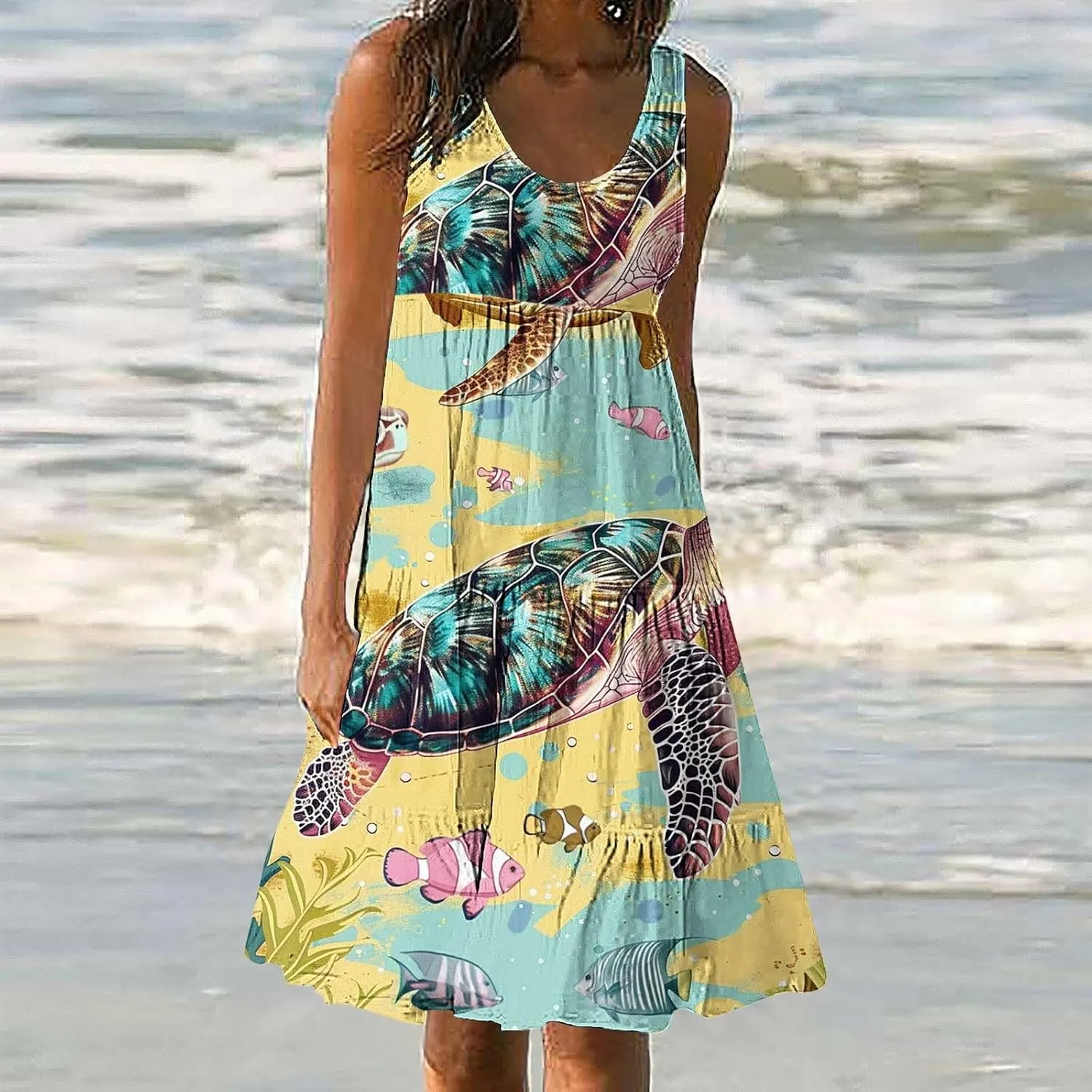 Mzkdieey Women Sea Turtle Print Beach Dresses Summer Casual Tiered Ruffle Hem Mini Dress Sleeveless Baggy Flowy Tank Dress