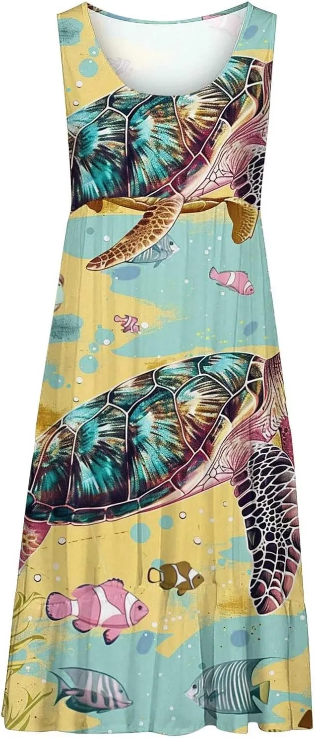 Mzkdieey Women Sea Turtle Print Beach Dresses Summer Casual Tiered Ruffle Hem Mini Dress Sleeveless Baggy Flowy Tank Dress