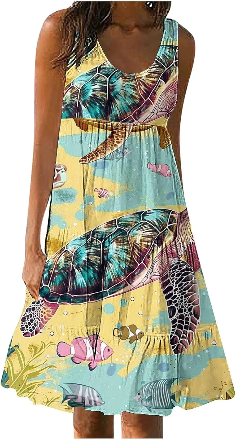 Mzkdieey Women Sea Turtle Print Beach Dresses Summer Casual Tiered Ruffle Hem Mini Dress Sleeveless Baggy Flowy Tank Dress