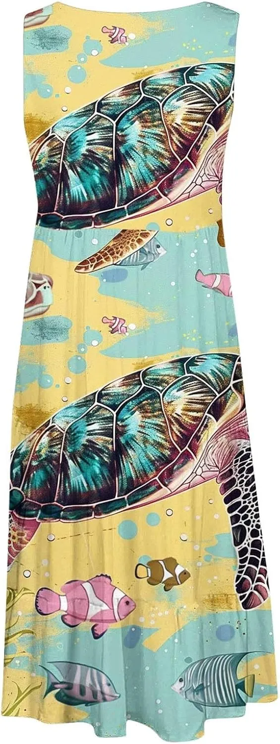 Mzkdieey Women Sea Turtle Print Beach Dresses Summer Casual Tiered Ruffle Hem Mini Dress Sleeveless Baggy Flowy Tank Dress