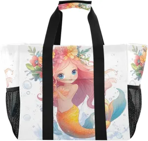 Nander Beautiful Cartoon Orange Mermaid Reusable Grocery Bags,Large Grocery Tote Bag Water Resistant Shopping Bags Foldable Grocery Bag for Clothes,Shoes and Picnic
