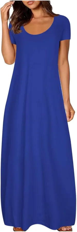 NaRHbrg Womens Summer Dress Casual Loose Plain Long Dress Round Neck Short Sleeve Maxi Dresses Crew Neck Flowy Beach Sundress