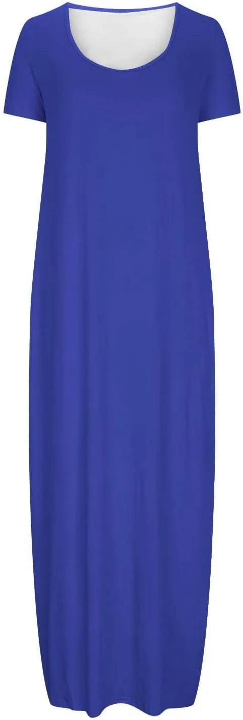 NaRHbrg Womens Summer Dress Casual Loose Plain Long Dress Round Neck Short Sleeve Maxi Dresses Crew Neck Flowy Beach Sundress