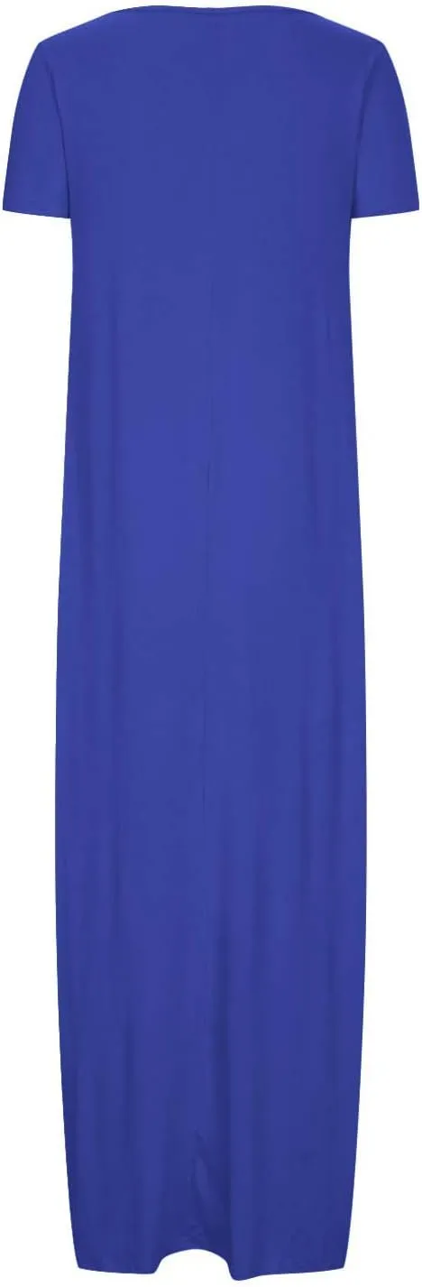 NaRHbrg Womens Summer Dress Casual Loose Plain Long Dress Round Neck Short Sleeve Maxi Dresses Crew Neck Flowy Beach Sundress