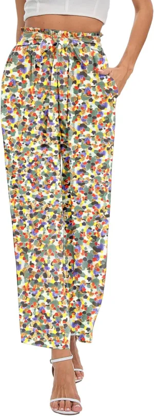NILOUFO Women's Casual Wide Leg Pants High Waisted Lightweight Loose Long Trousers with Pockets Adjustable Tie Knot