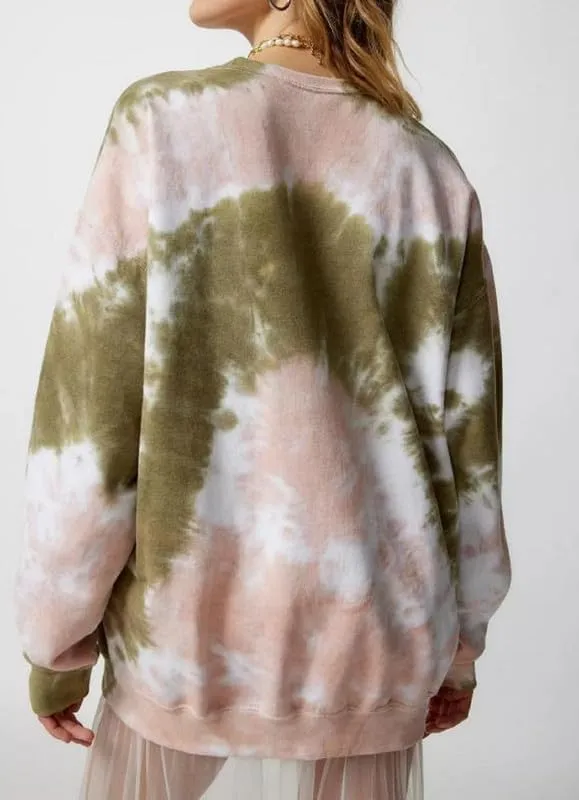 NUFIWI Tie Dye Heart Pattern Crew Neck Sweatshirt Long Sleeve Aesthetic Pink Pullover Tops Oversized Y2K Love Autumn Wear