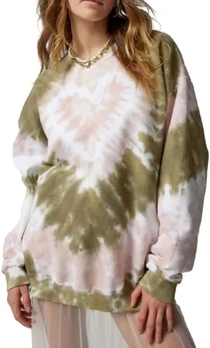 NUFIWI Tie Dye Heart Pattern Crew Neck Sweatshirt Long Sleeve Aesthetic Pink Pullover Tops Oversized Y2K Love Autumn Wear