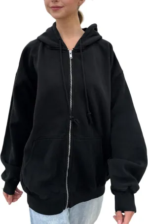 NUFIWI Women's Oversized Zip Up Hoodie Loose Long Sleeve Hooded Sweatshirt with Pockets Casual Jacket Preppy Streetwear