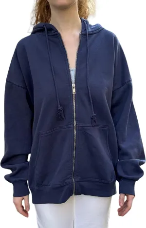 NUFIWI Women's Oversized Zip Up Hoodie Loose Long Sleeve Hooded Sweatshirt with Pockets Casual Jacket Preppy Streetwear