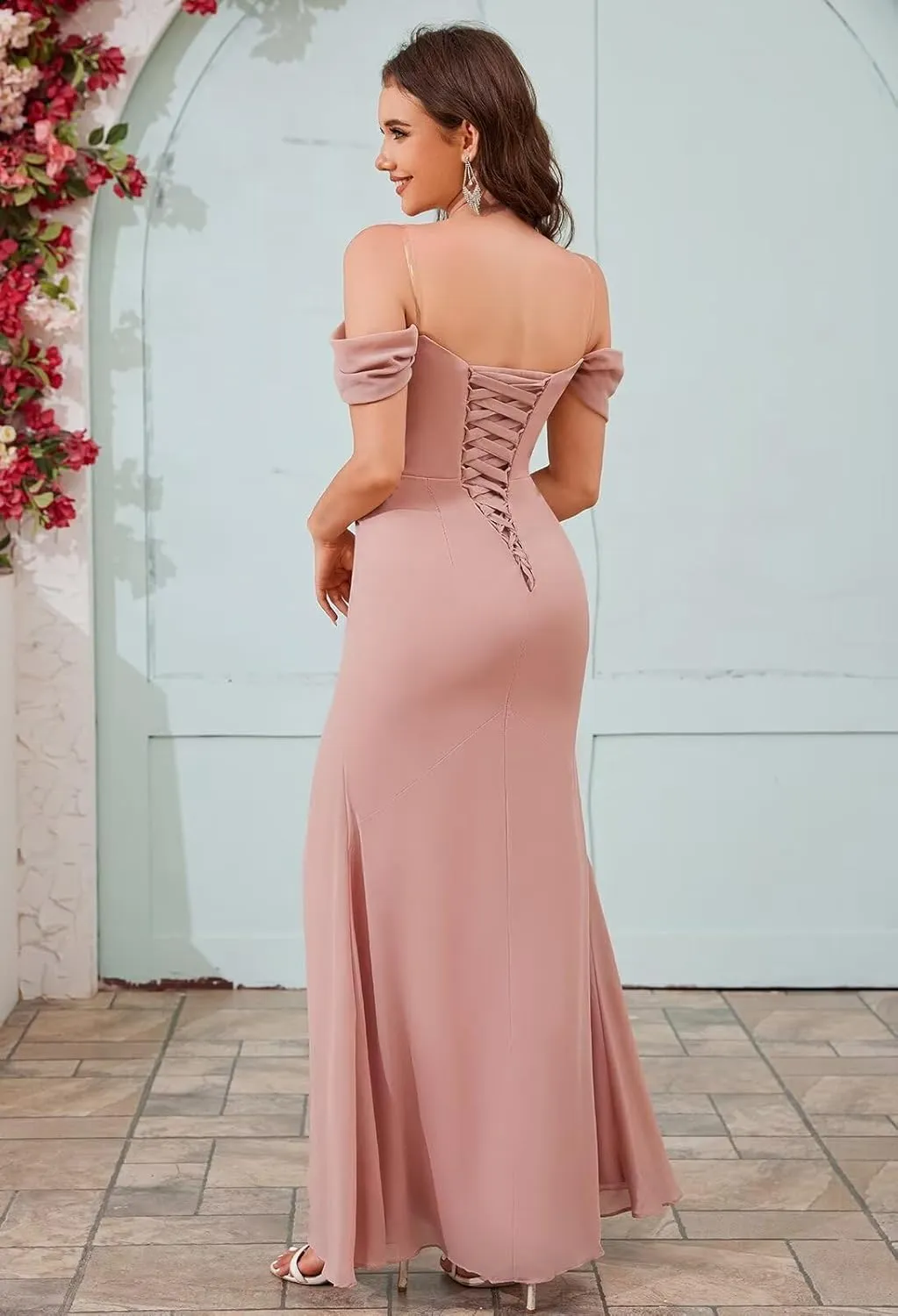 Off The Shoulder Bridesmaid Dresses for Women Chiffon Long Formal Evening Dress with Slit