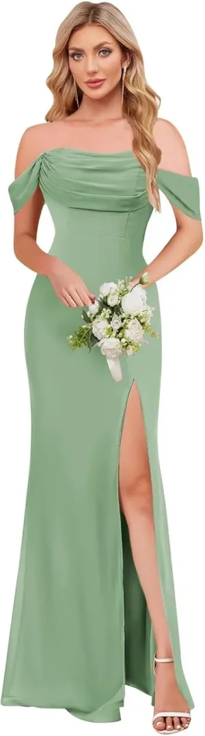 Off The Shoulder Bridesmaid Dresses for Women Chiffon Long Formal Evening Dress with Slit