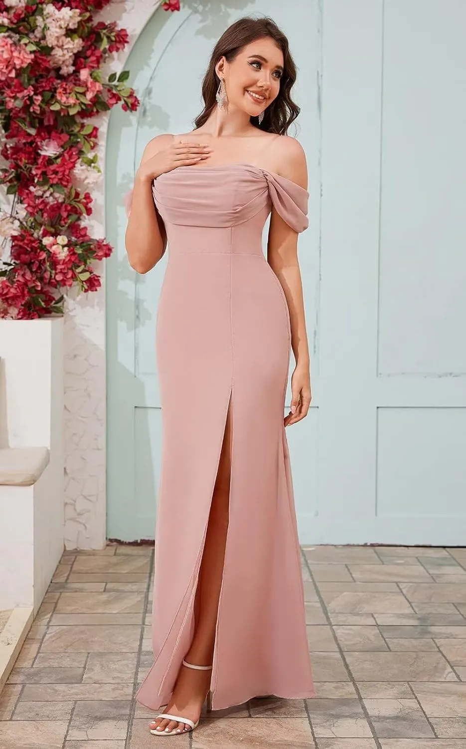 Off The Shoulder Bridesmaid Dresses for Women Chiffon Long Formal Evening Dress with Slit