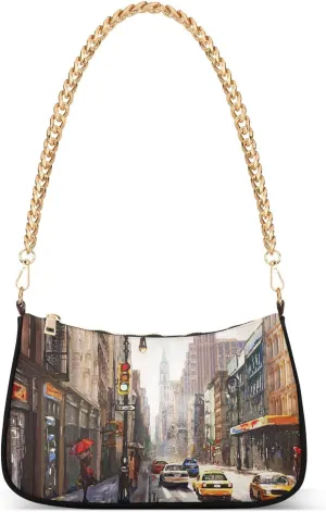Oil Painting New York City Street Shoulder Handbags for Women Travel Hobo Tote Handbag Women Gold Chain Shoulder Bags Purse with Zipper Closure