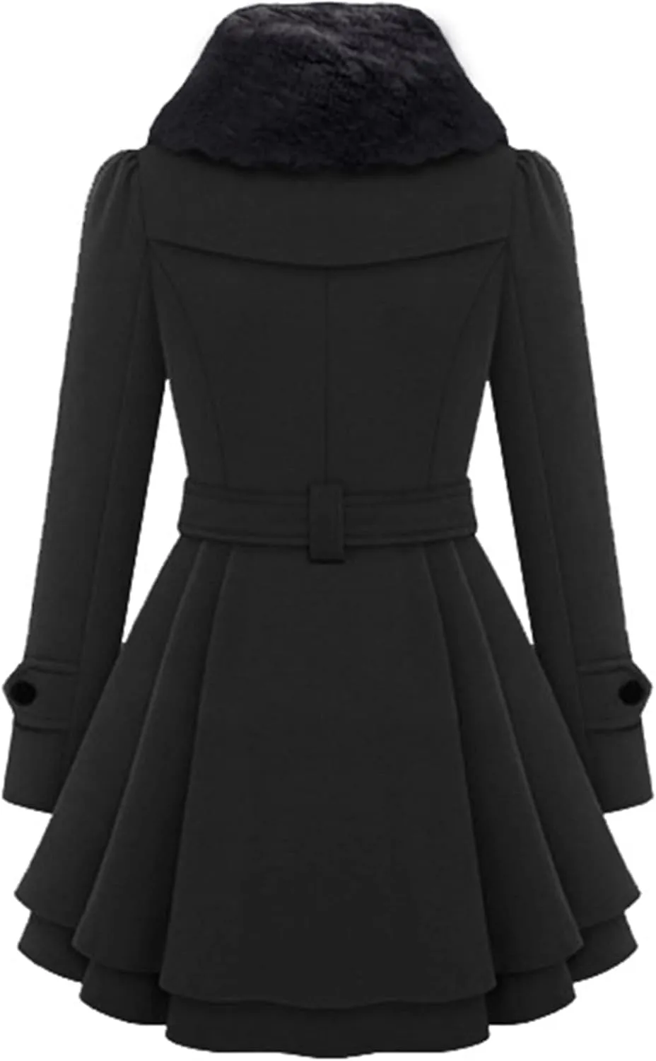 OMZIN Women's Long Shaggy Belted Pea Coat Slim Faux Fur Collar Coat Bridal Jacket with Belt