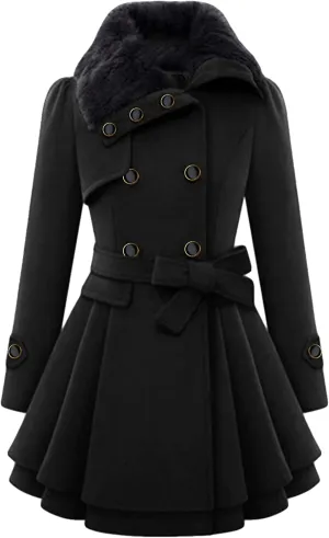 OMZIN Women's Long Shaggy Belted Pea Coat Slim Faux Fur Collar Coat Bridal Jacket with Belt