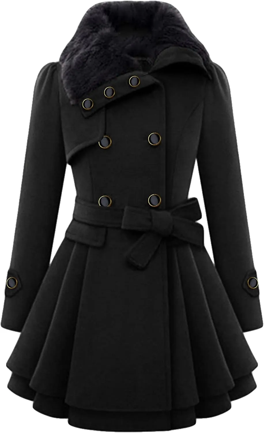OMZIN Women's Long Shaggy Belted Pea Coat Slim Faux Fur Collar Coat Bridal Jacket with Belt