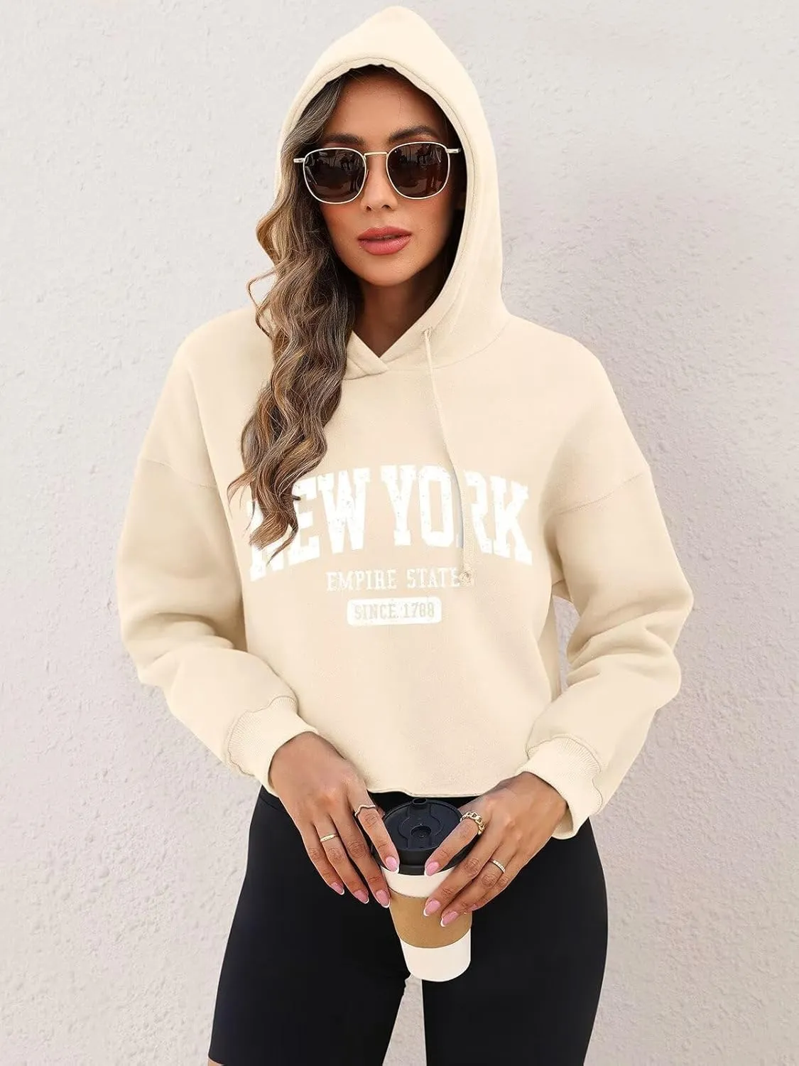ORANDESIGNE Woman Letter Graphic Print Cropped Hoodie Long Sleeve Crop Fleece Casual Workout Loose Pullover Sweatshirt Tops