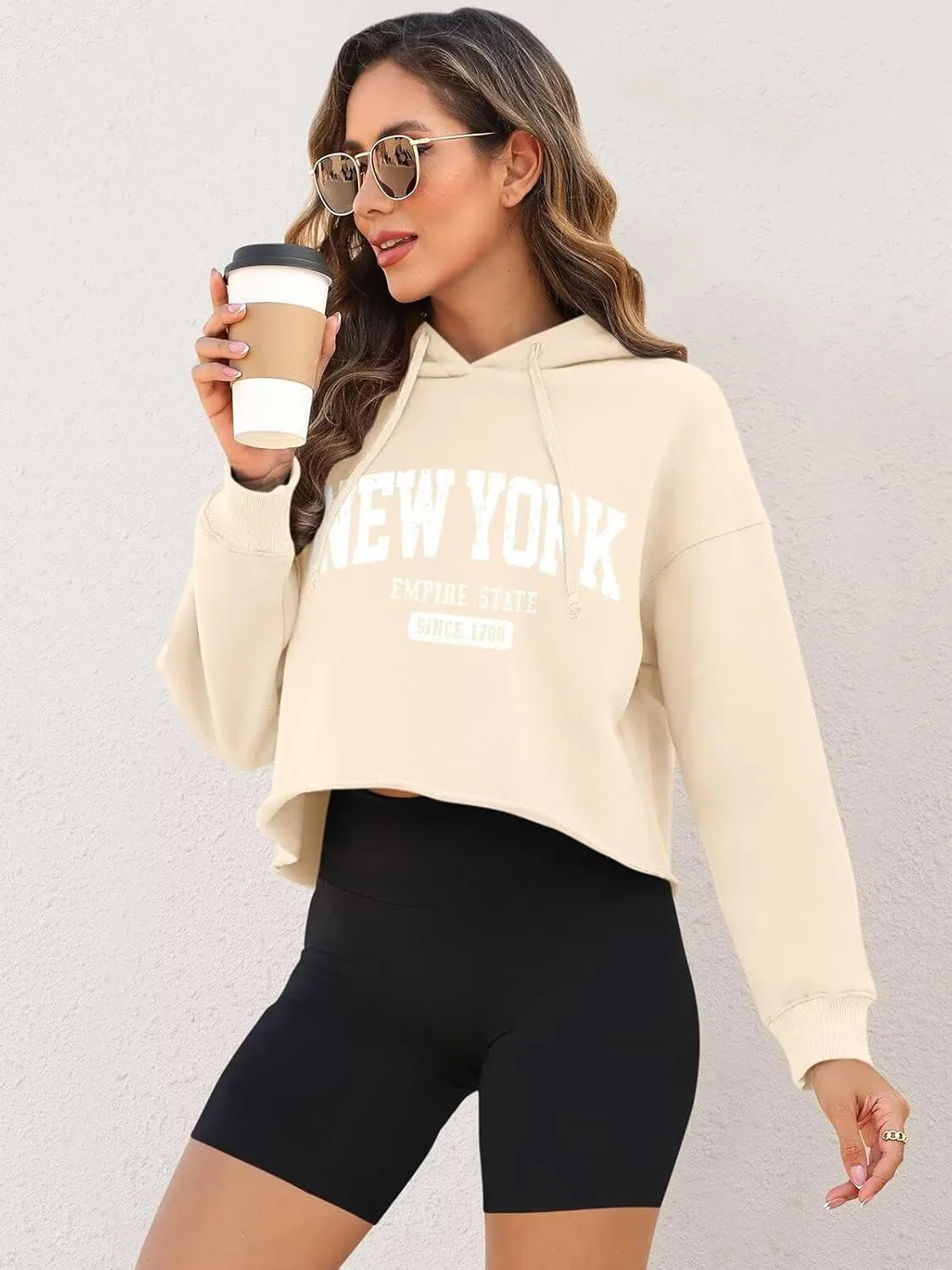 ORANDESIGNE Woman Letter Graphic Print Cropped Hoodie Long Sleeve Crop Fleece Casual Workout Loose Pullover Sweatshirt Tops
