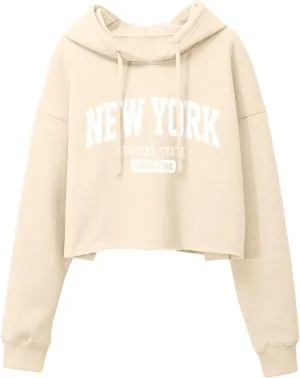 ORANDESIGNE Woman Letter Graphic Print Cropped Hoodie Long Sleeve Crop Fleece Casual Workout Loose Pullover Sweatshirt Tops