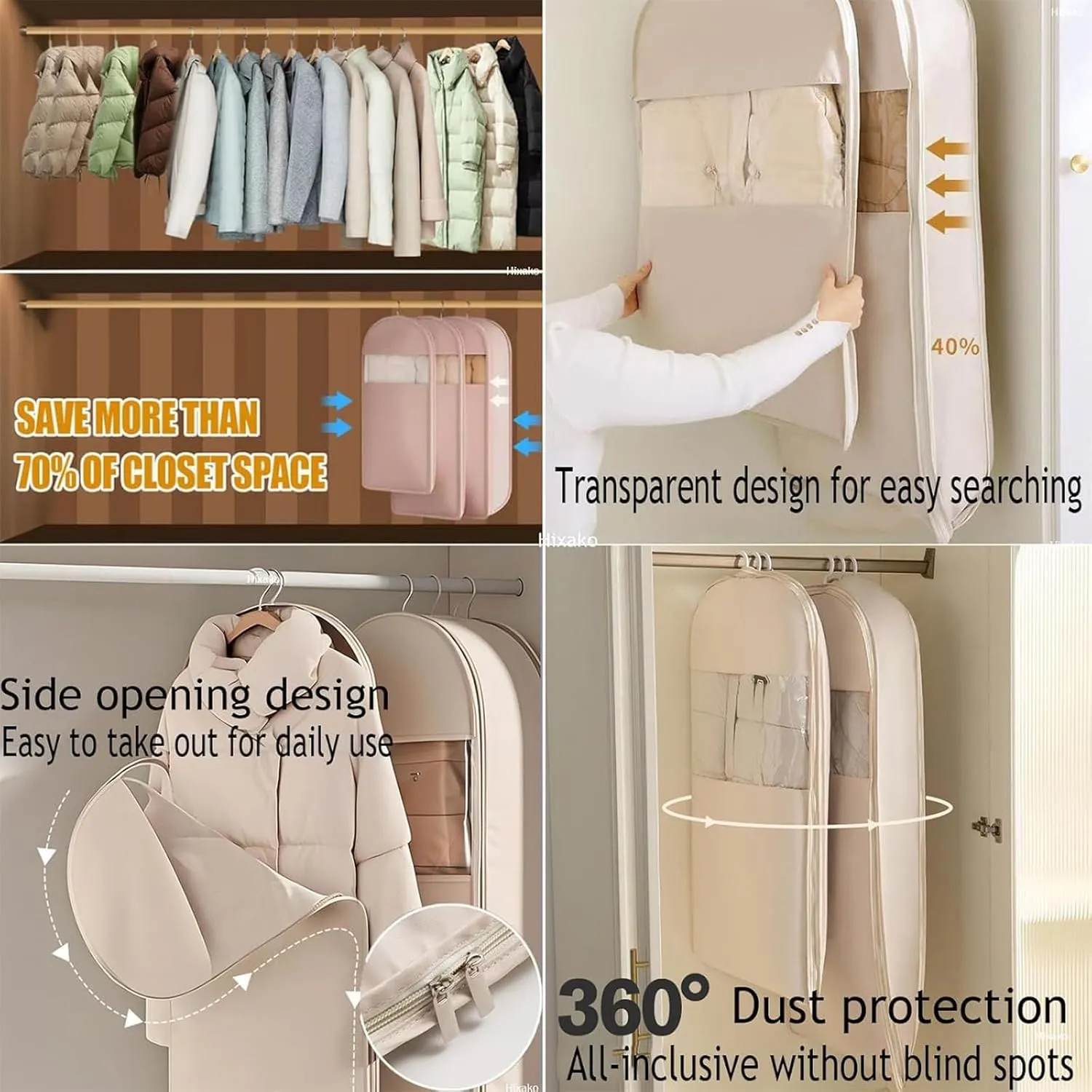 Otherwisie Space Saving Hanging Garment Bag with Self Compression Zipper, Garment Bags for Hanging Clothes, Compression Storage Bags for Clothes, Suits, Coats or Jackets (Pink-M)