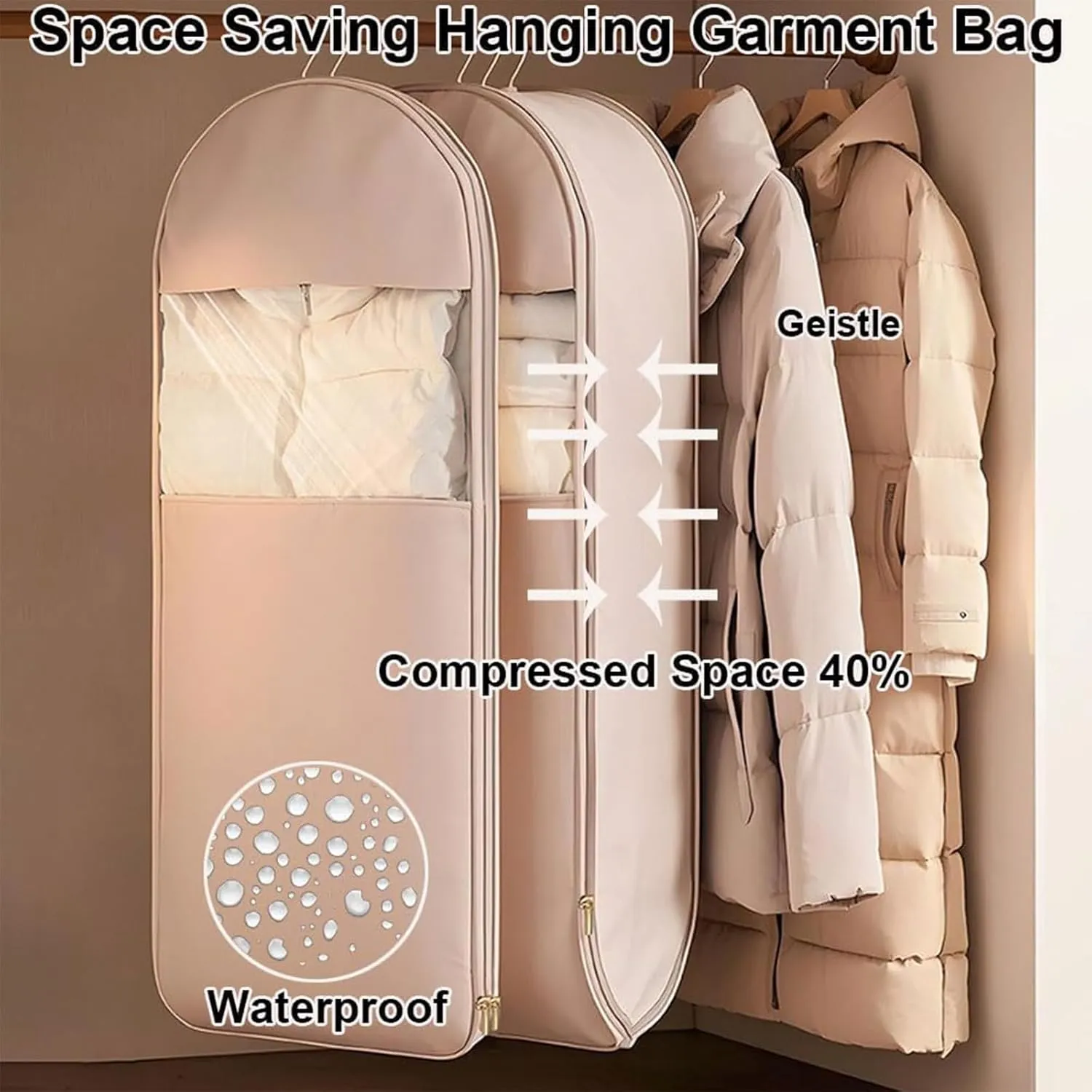 Otherwisie Space Saving Hanging Garment Bag with Self Compression Zipper, Garment Bags for Hanging Clothes, Compression Storage Bags for Clothes, Suits, Coats or Jackets (Pink-M)