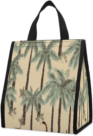 Outdoor Cooler Bags, Palm Trees And Tigers Printed Cooler Bag, Insulated Tote Bag, Grocery Tote Bag